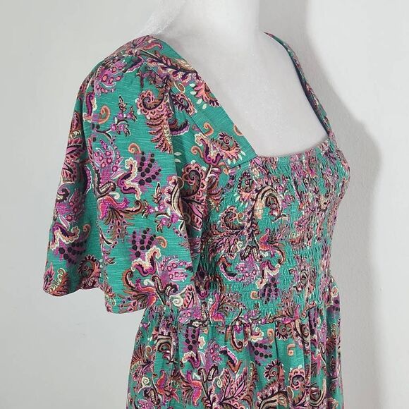Fat Face Green and Pink Paisley Boho Smocked Top with Square Neckline NWT Size 4 - Picture 4 of 10